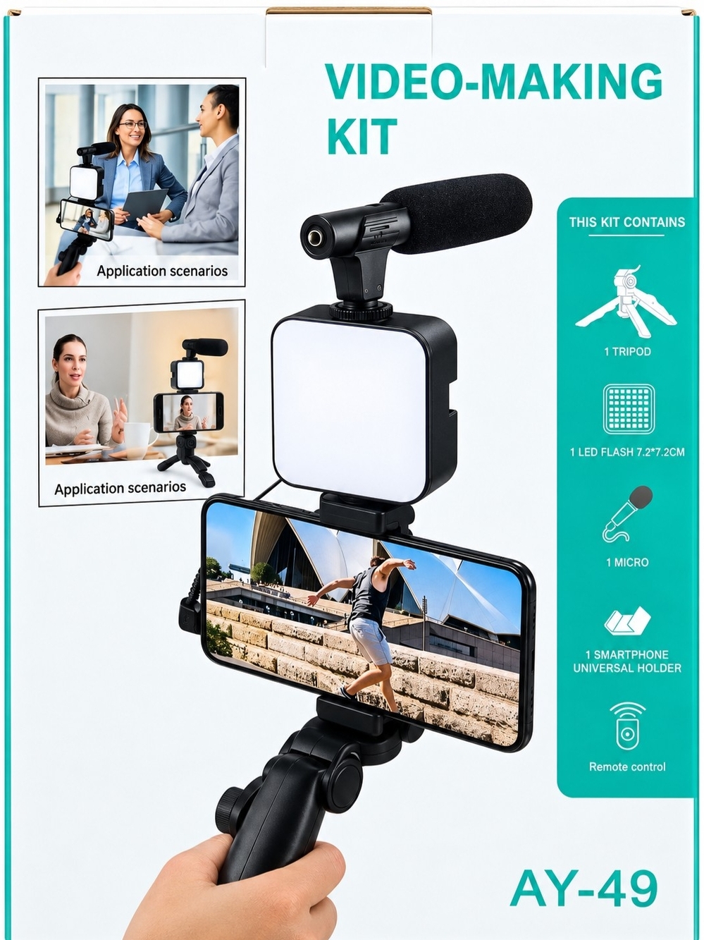 AY-49 Video-Making Kit with Black Smartphone Mount, LED Light & Microphone